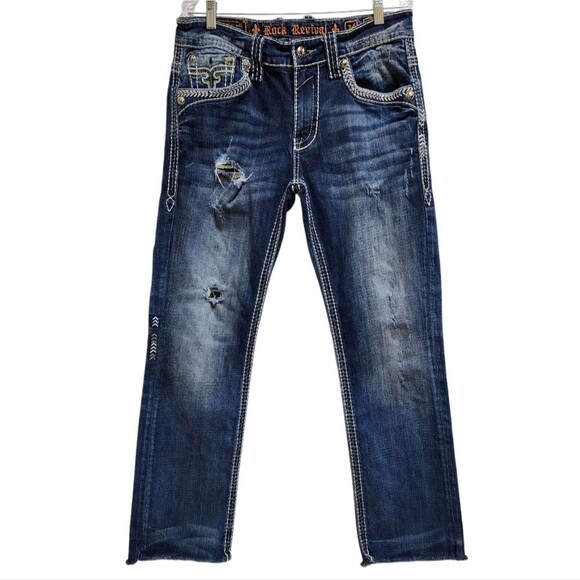 Rock Revival Corvus Straight Jean Men 34x31 Blue Stretch Denim Distressed Grunge - Picture 1 of 15